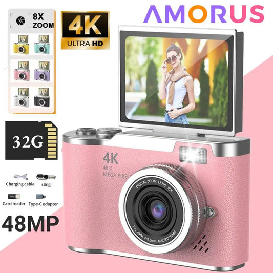 VHS Style - 4K Digital Camera Beauty Filters 48MP HD Student CCD Camera CMOS Anti Shake 180° Flip Screen Selfie Camera for Kids Adults Gift