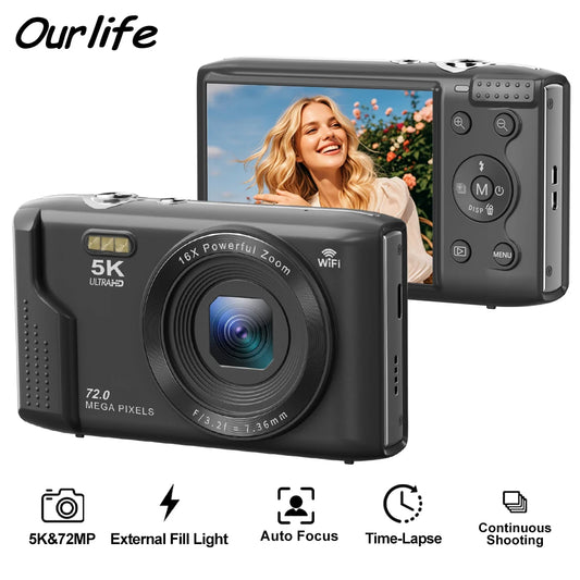 Ourlife Compact Digital Camera 5K 72MP 2.8'' Screen LCD Screen 16X Digital Zoom Vintage Photography Vlog Video Recorder YouTube